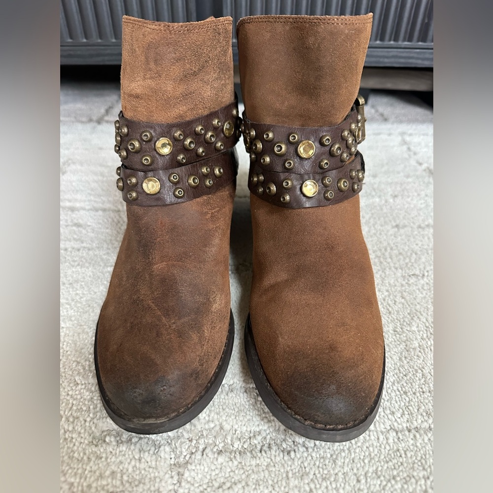 Guess Brown Suede Distressed Studded Ankle Boots - Women